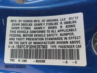 2017 Honda Civic Sedan EX-T with VIN 19XFC1F32HE207503, listed as a IAAI auction lot 41942040 with 60,983 mi miles. Bid and sale history available at carsss.com. Image 9.