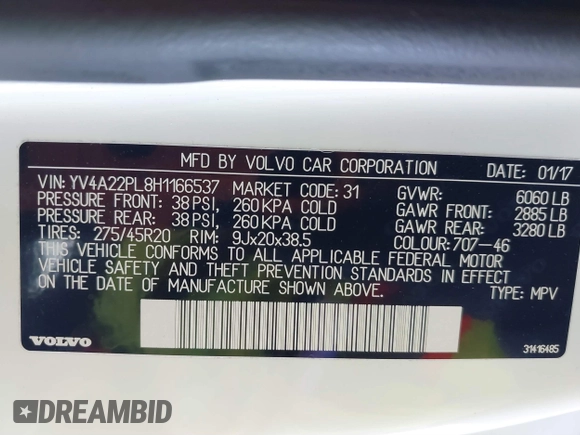 2017 Volvo XC90 Inscription with VIN YV4A22PL8H1166537, listed as a IAAI auction lot 41759108 with 171,106 mi miles. Bid and sale history available at carsss.com. Image 9.