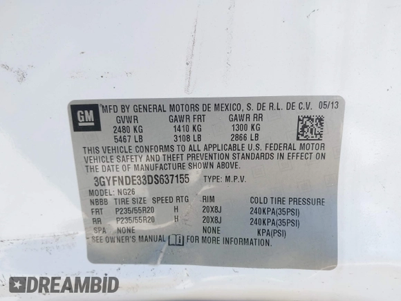 2013 Cadillac SRX Performance Collection with VIN 3GYFNDE33DS637155, listed as a IAAI auction lot 41977706 with 140,668 mi miles and . Bid and sale history available at DreamBid. Image 9.