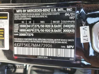 2021 Mercedes-Benz GLS 450 with VIN 4JGFF5KE7MA473906, listed as a Copart auction lot 47139594 with 25,994 mi miles and . Bid and sale history available at DreamBid. Image 13.