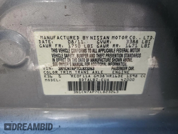 2012 Nissan Versa SV with VIN 3N1CN7AP7CL823263, listed as a Copart auction lot 67866454 with 210,196 mi miles and Salvage Title. Bid and sale history available at carsss.com. Image 13.