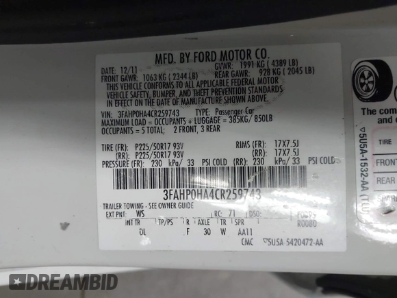 2012 Ford Fusion SE with VIN 3FAHP0HA4CR259743, listed as a IAAI auction lot 42058404 with 118,740 mi miles and . Bid and sale history available at DreamBid. Image 9.