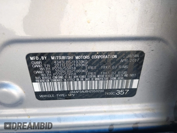 2017 Mitsubishi Outlander ES with VIN JA4AP3AU8HZ050200, listed as a IAAI auction lot 41405780 with Not provided miles and . Bid and sale history available at DreamBid. Image 9.