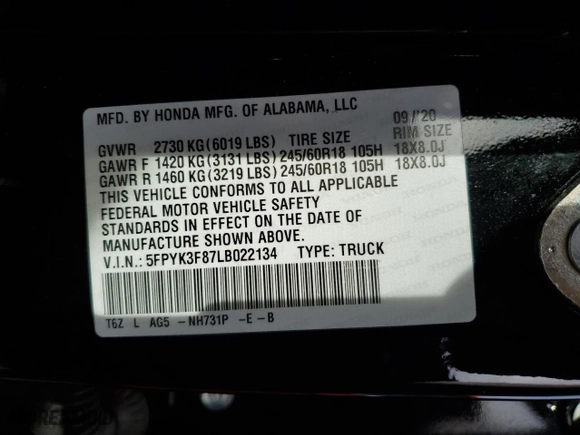 2020 Honda Ridgeline Black Edition with VIN 5FPYK3F87LB022134, listed as a Copart auction lot 82540434 with 36,662 mi miles and Salvage Title. Bid and sale history available at carsss.com. Image 13.