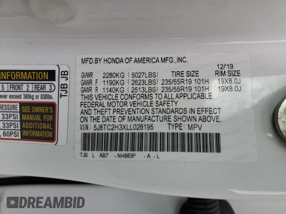 2020 Acura RDX with VIN 5J8TC2H3XLL028195, listed as a Copart auction lot 53663015 with 69,677 mi miles and Salvage title. Bid and sale history available at DreamBid. Image 14.