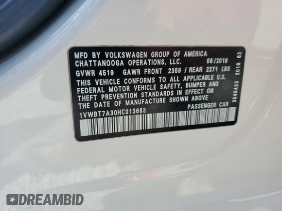 2017 Volkswagen Passat SE with VIN 1VWBT7A30HC013663, listed as a Copart auction lot 58043215 with 76,708 mi miles and Salvage title. Bid and sale history available at DreamBid. Image 12.