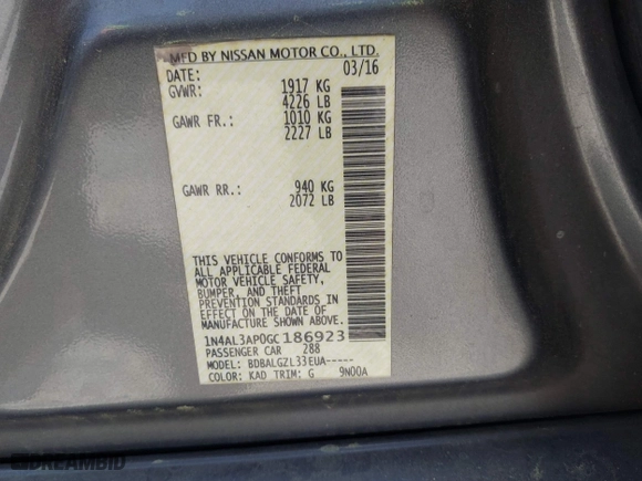 2016 Nissan Altima 2.5 SR with VIN 1N4AL3AP0GC186923, listed as a IAAI auction lot 41897336 with 217,771 mi miles. Bid and sale history available at carsss.com. Image 9.