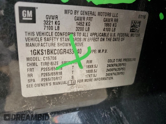 2016 GMC Yukon SLT with VIN 1GKS1BKC0GR433840, listed as a Copart auction lot 66853444 with 141,830 mi miles and Salvage Title. Bid and sale history available at carsss.com. Image 16.