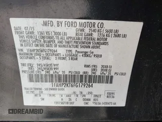 2015 Ford Taurus SHO with VIN 1FAHP2KT6FG179264, listed as a IAAI auction lot 42255497 with 103,469 mi miles and . Bid and sale history available at DreamBid. Image 9.