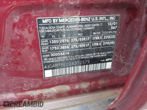 2002 Mercedes-Benz M 320/430/500 with VIN 4JGAB75E02A312579, listed as a IAAI auction lot 41536005 with 255,627 mi miles and . Bid and sale history available at DreamBid. Image 9.