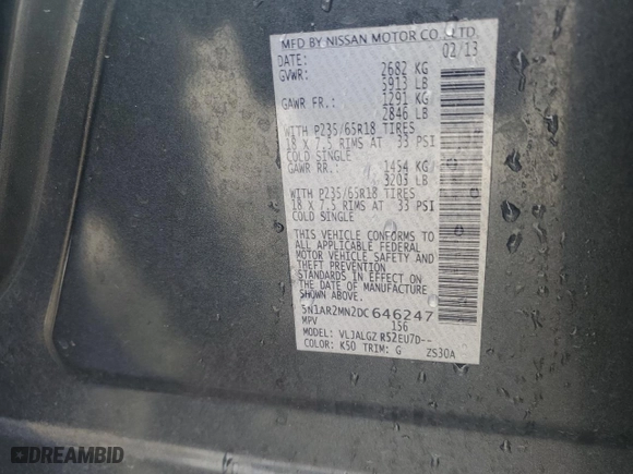 2013 Nissan Pathfinder Platinum with VIN 5N1AR2MN2DC646247, listed as a Copart auction lot 49134545 with 212726 miles and Salvage Title. Bid and sale history available at carsss.com. Image 14.