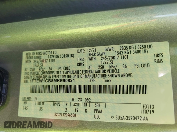 2021 Ford F-150 XL z VIN 1FTEW1CB8MKE90821, wystawiony jako IAAI lot #42733214 z przebiegiem 74 371 mil mil oraz . Historia ofert i sprzedaży dostępna na DreamBid. Obrazek 9.