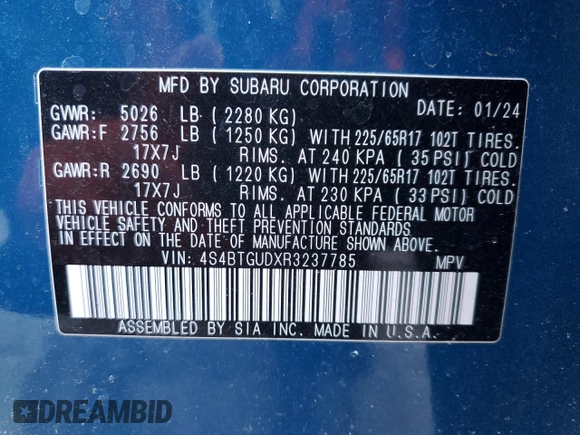 2024 Subaru Outback Wilderness with VIN 4S4BTGUDXR3237785, listed as a Copart auction lot 45799925 with 12,184 mi miles and Salvage title. Bid and sale history available at DreamBid. Image 12.