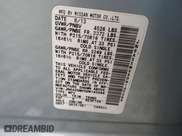 2013 Nissan Rogue S with VIN JN8AS5MV5DW145866, listed as a Copart auction lot 52761735 with 144,010 mi miles and Salvage Title. Bid and sale history available at DreamBid. Image 15.
