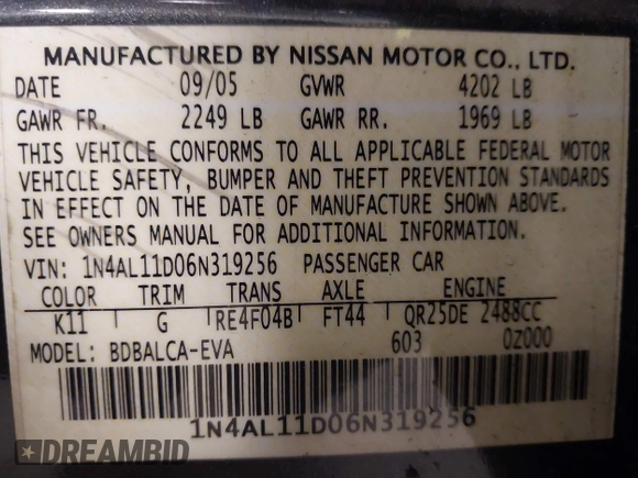 2006 Nissan Altima 2.5 S with VIN 1N4AL11D06N319256, listed as a IAAI auction lot 42007570 with 155,101 mi miles. Bid and sale history available at carsss.com. Image 9.