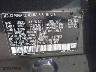 2016 Honda HR-V EX with VIN 3CZRU6H50GM767606, listed as a IAAI auction lot 41942651 with 143,332 mi miles. Bid and sale history available at carsss.com. Image 9.