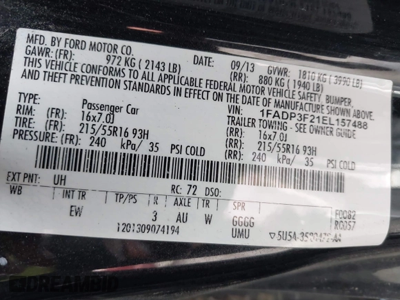 2014 Ford Focus SE with VIN 1FADP3F21EL157488, listed as a IAAI auction lot 42120325 with 198,658 mi miles and . Bid and sale history available at DreamBid. Image 9.