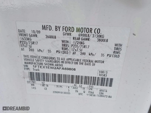 2010 Ford F-150 XL with VIN 1FTEX1EW2AFA69808, listed as a IAAI auction lot 41432767 with 246,373 mi miles. Bid and sale history available at carsss.com. Image 9.
