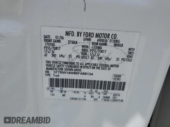 2006 Ford F-150 XLT with VIN 1FTRW14W86FA88134, listed as a Copart auction lot 62392654 with 0 mi miles and Non Repairable. Bid and sale history available at carsss.com. Image 12.