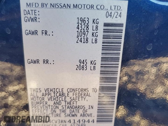 2024 Nissan Altima SR with VIN 1N4BL4CV3RN414944, listed as a Copart auction lot 80497634 with 4,313 mi miles and Salvage title. Bid and sale history available at DreamBid. Image 14.