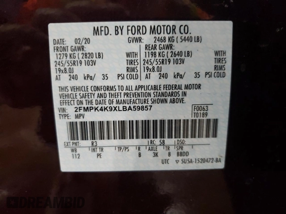 2020 Ford Edge Titanium z VIN 2FMPK4K9XLBA59857, wystawiony jako Copart lot #63559295 z przebiegiem Nie podano mil oraz Szkoda całkowita • Salvage title. Historia ofert i sprzedaży dostępna na DreamBid. Obrazek 13.