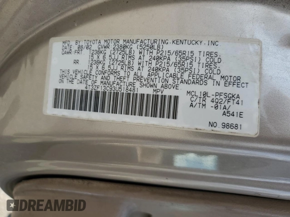 2003 Toyota Sienna LE with VIN 4T3ZF13C93U518481, listed as a Copart auction lot 67920744 with 271,385 mi miles and Salvage Title. Bid and sale history available at carsss.com. Image 13.