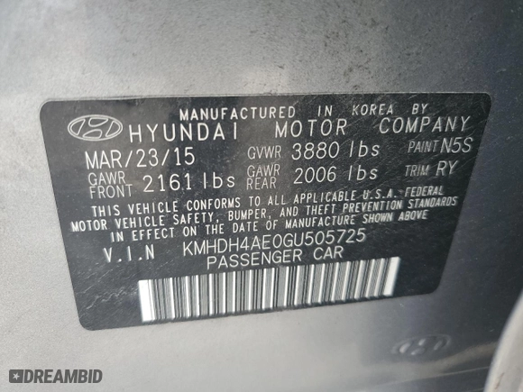2016 Hyundai Elantra Value Edition with VIN KMHDH4AE0GU505725, listed as a Copart auction lot 49059315 with 93,760 mi miles and Salvage Title. Bid and sale history available at carsss.com. Image 12.