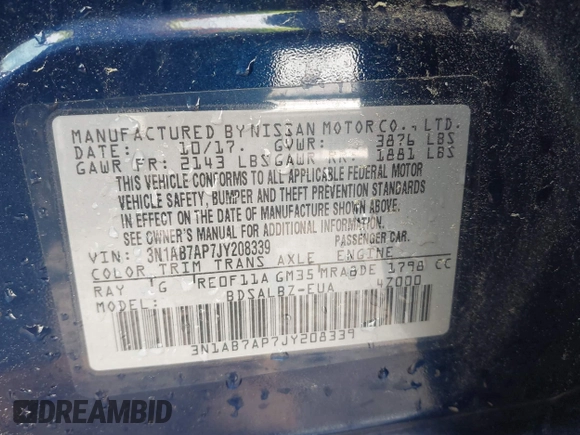 2018 Nissan Sentra S z VIN 3N1AB7AP7JY208339, wystawiony jako IAAI lot #41949758 z przebiegiem 53 265 mil mil oraz . Historia ofert i sprzedaży dostępna na DreamBid. Obrazek 9.