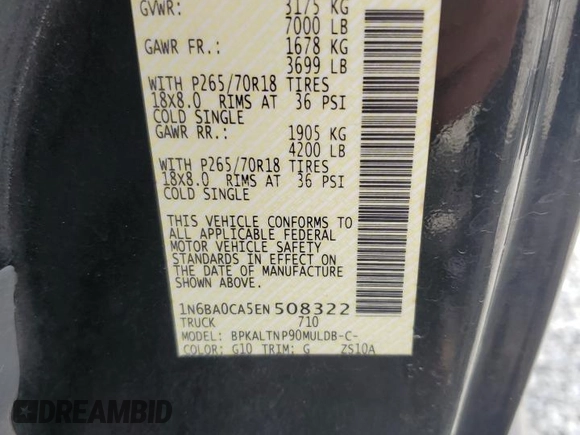 2014 Nissan Titan SV with VIN 1N6BA0CA5EN508322, listed as a Copart auction lot 58561645 with 98,227 mi miles and Salvage title. Bid and sale history available at DreamBid. Image 13.