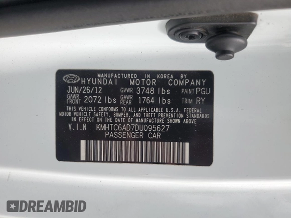 2013 Hyundai Veloster w/Gray Int with VIN KMHTC6AD7DU095627, listed as a Copart auction lot 52121225 with 86,261 mi miles and Salvage title. Bid and sale history available at DreamBid. Image 12.