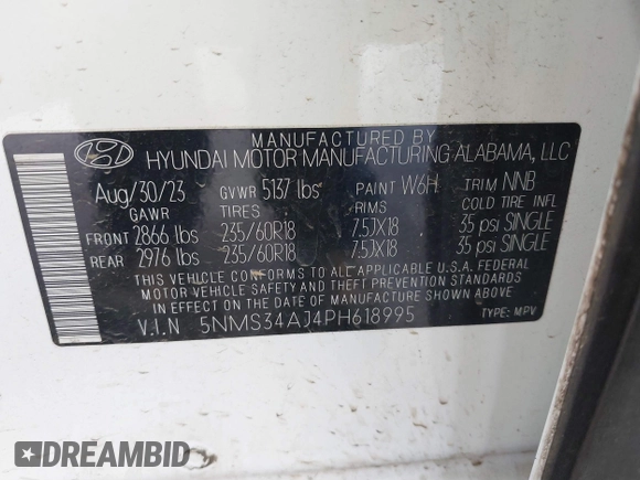 2023 Hyundai Santa Fe SEL with VIN 5NMS34AJ4PH618995, listed as a IAAI auction lot 41727294 with 23,332 mi miles and . Bid and sale history available at DreamBid. Image 9.