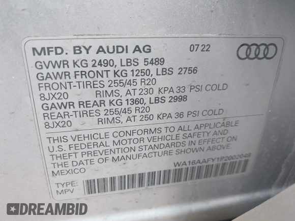 2023 Audi Q5 Sportback S line Prestige with VIN WA16AAFY1P2002049, listed as a IAAI auction lot 42450923 with 24,765 mi miles and . Bid and sale history available at DreamBid. Image 9.