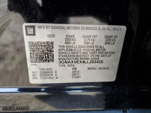 2020 Chevrolet Equinox LT with VIN 3GNAXVEX4LL263416, listed as a Copart auction lot 43954565 with 42,240 mi miles and Salvage Title. Bid and sale history available at carsss.com. Image 15.