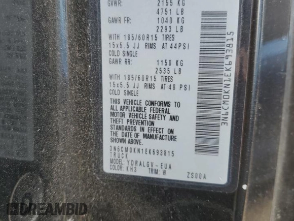 2014 Nissan NV200 S with VIN 3N6CM0KN1EK693815, listed as a Copart auction lot 51005495 with 156,060 mi miles and Salvage Title. Bid and sale history available at DreamBid. Image 13.