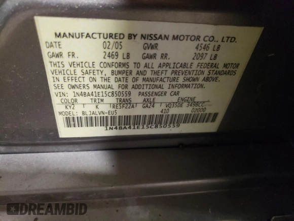2005 Nissan Maxima 3.5 SE with VIN 1N4BA41E15C850559, listed as a Copart auction lot 67776784 with 0 mi miles and Salvage Title. Bid and sale history available at carsss.com. Image 14.