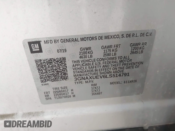 2020 Chevrolet Equinox LT with VIN 3GNAXUEV6LS514791, listed as a IAAI auction lot 41840287 with 50,600 mi miles. Bid and sale history available at carsss.com. Image 9.