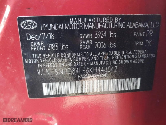 2019 Hyundai Elantra SEL with VIN 5NPD84LF6KH448542, listed as a IAAI auction lot 41661274 with 86,870 mi miles. Bid and sale history available at carsss.com. Image 9.