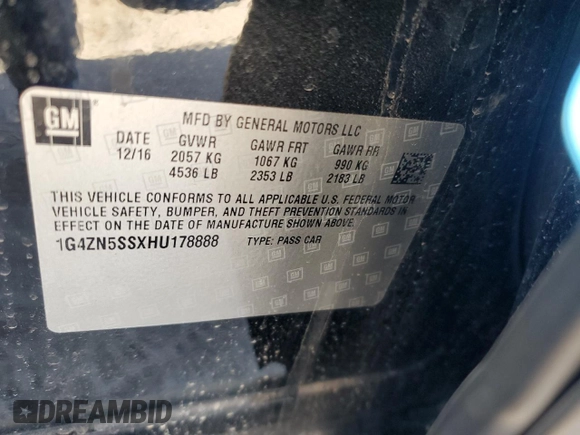 2017 Buick LaCrosse Preferred with VIN 1G4ZN5SSXHU178888, listed as a Copart auction lot 46250345 with 108,593 mi miles and Salvage Title. Bid and sale history available at carsss.com. Image 12.