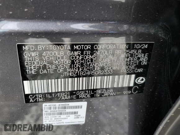 2024 Lexus IS 350 F Sport with VIN JTHBZ1B24R5082333, listed as a Copart auction lot 57138925 with 2,477 mi miles and Salvage title. Bid and sale history available at DreamBid. Image 13.