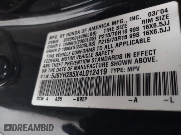 2004 Honda Element EX with VIN 5J6YH285X4L012419, listed as a IAAI auction lot 42218909 with 58,821 mi miles and . Bid and sale history available at DreamBid. Image 9.