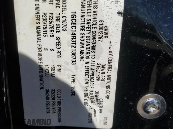 1996 Chevrolet Silverado 1500 with VIN 1GCEC14R3TZ136733, listed as a Copart auction lot 54384725 with 113,939 mi miles and Salvage Title. Bid and sale history available at DreamBid. Image 13.