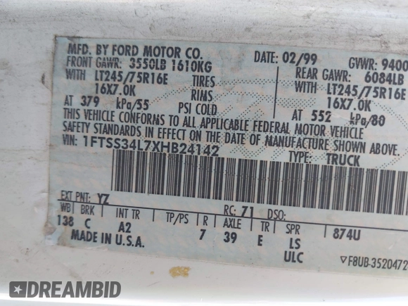 1999 Ford Econoline Cargo with VIN 1FTSS34L7XHB24142, listed as a IAAI auction lot 39660607 with 197,386 mi miles and . Bid and sale history available at DreamBid. Image 9.