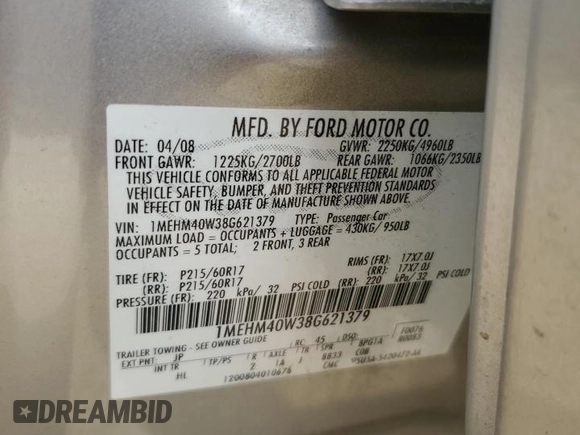 2008 Mercury Sable with VIN 1MEHM40W38G621379, listed as a Copart auction lot 54855085 with 107,443 mi miles and Salvage title. Bid and sale history available at DreamBid. Image 13.