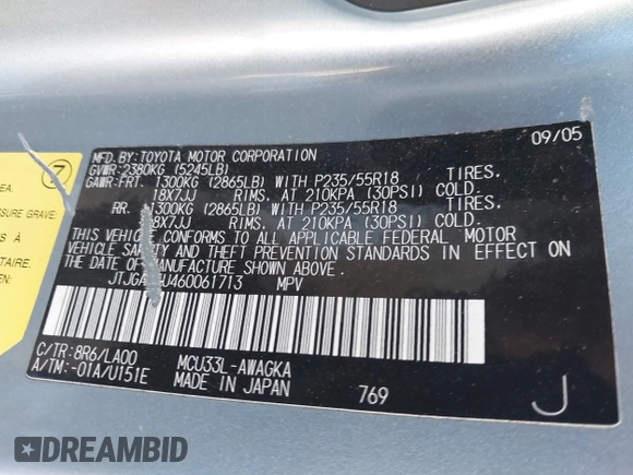 2006 Lexus RX 330 with VIN JTJGA31U460061713, listed as a IAAI auction lot 41013861 with 1 mi miles. Bid and sale history available at carsss.com. Image 9.