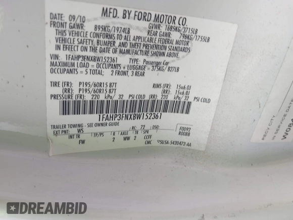 2011 Ford Focus SE with VIN 1FAHP3FNXBW152361, listed as a IAAI auction lot 42127764 with 279,393 mi miles and . Bid and sale history available at DreamBid. Image 9.