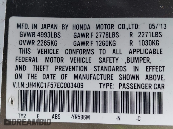 2014 Acura RLX Tech Pkg with VIN JH4KC1F57EC003409, listed as a IAAI auction lot 41758955 with 78,285 mi miles. Bid and sale history available at carsss.com. Image 9.