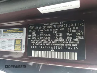 2016 Kia Sorento EX with VIN 5XYPH4A52GG123215, listed as a Copart auction lot 67654034 with Not Provided miles and Salvage Title. Bid and sale history available at DreamBid. Image 13.