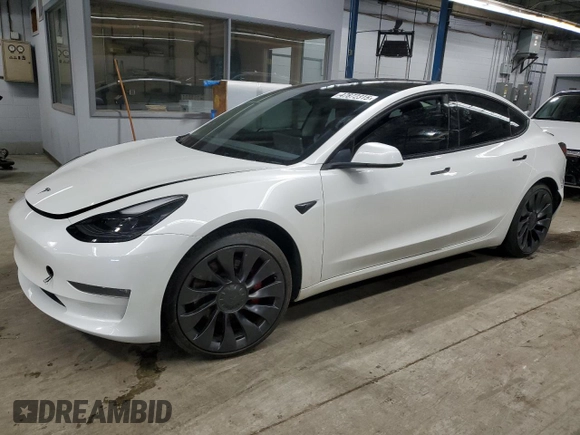 2023 Tesla Model 3 Performance with VIN 5YJ3E1EC1PF695933, listed as a Copart auction lot 47872315 with 19,379 mi miles and Salvage Title. Bid and sale history available at carsss.com. Image 1.