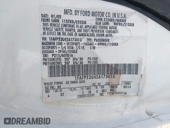 2002 Ford Taurus SE Standard with VIN 1FAFP53U42A173413, listed as a IAAI auction lot 42023834 with 159,744 mi miles and . Bid and sale history available at DreamBid. Image 9.