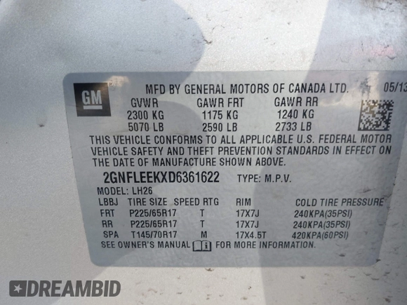 2013 Chevrolet Equinox LT with VIN 2GNFLEEKXD6361622, listed as a IAAI auction lot 42066817 with 156,886 mi miles. Bid and sale history available at carsss.com. Image 9.